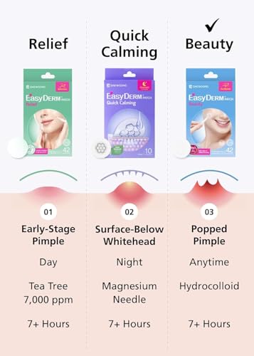 DWEasyDerm Hydrocolloid Pimple Patch 3 Pack - Korean Acne Care, 126 Patches, 2 Sizes