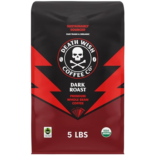 Death Wish Coffee Organic Dark Roast Whole Bean Coffee 5lb - Fair Trade & Bold Flavor