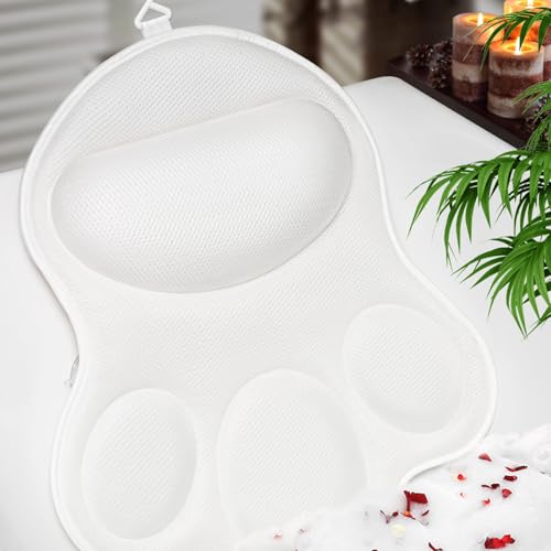 Bath Pillows for Tub Neck and Back Support - Upgraded Non-Slip Rubber Backing & 6 Suction Cups, 4D Air Mesh Spa Bathtub Cushion for Head Rest, Machine Washable with Laundry Bag & Hook(White)