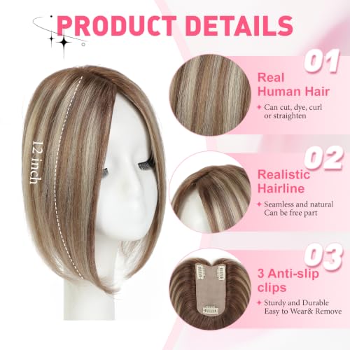 Human Hair Topper for Women 10 Inch Clip-In with No Bangs - Ombre Light Brown Dark Roots