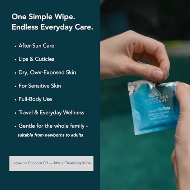 Conscious Coconut Individual Coconut Oil Wipes - For Face and Body - Soothing, Moisturizing, Sunburns, Makeup Remover, Cold-Pressed, Virgin Coconut Oil (25 Count)