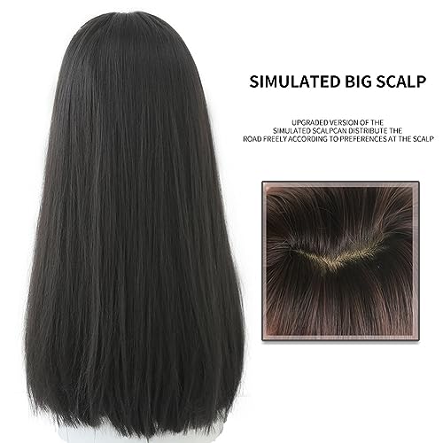 Long Synthetic Hair Wig for Women - 23 Inch Black Brown Straight Cosplay & Party Wig with Bangs - Adjustable Fit
