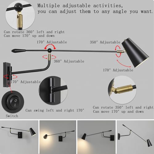 Matte Black Adjustable Wall Lamp Swing Arm Wall Sconce with White Shade and Gold Accents