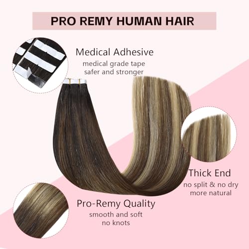 Invisible Tape in Hair Extensions - Real Human Hair, 16 Inch, Natural Black to Caramel Blonde, 3rd-Gen Sweetmet