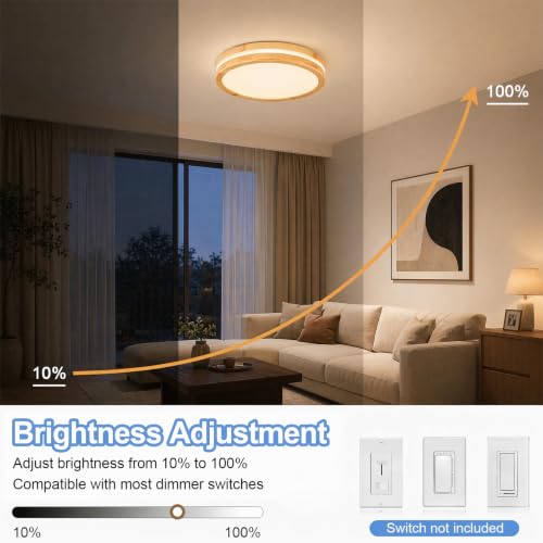 Dimmable LED Wood Flush Mount Ceiling Light 15.74in - Modern Round Fixture for Bedroom Kitchen Hallway