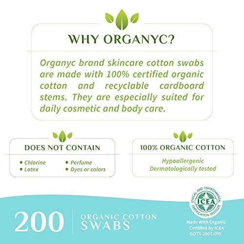 Organic Cotton Swabs - 200 Count 6 Pack, Hypoallergenic & Biodegradable