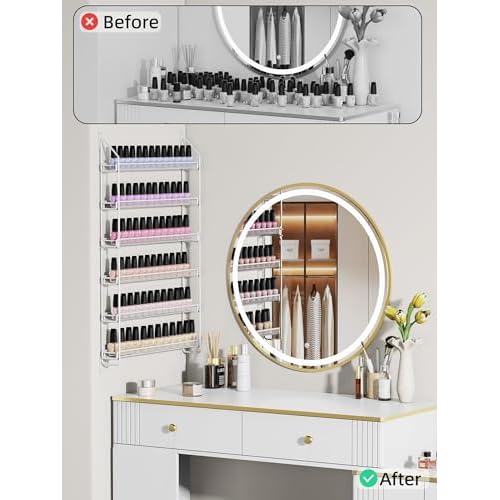 Nail Polish Organizer Wall Mounted, 6 Tier Metal Storage Rack Holds 90 Bottles, Multifunctional Organizer for Essential Oils Paint Perfume, White