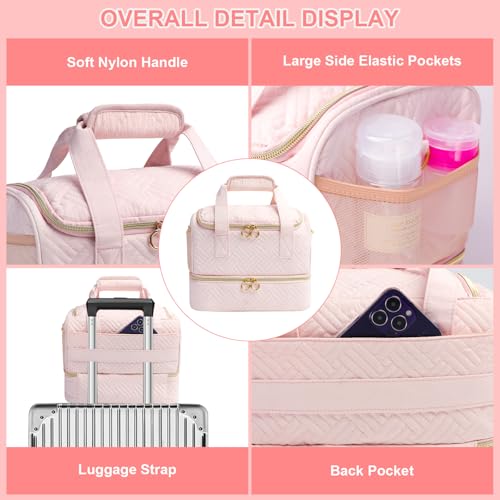 Nail Polish Organizer Bag Holds 80 Bottles (15ml/0.5fl.oz)& Nail Lamp, Soft Velvet Nail Kit Storage Carrying Case with Shoulder Strap, Double Layer Nail Supplies Organizer Handbag Women (Pink)
