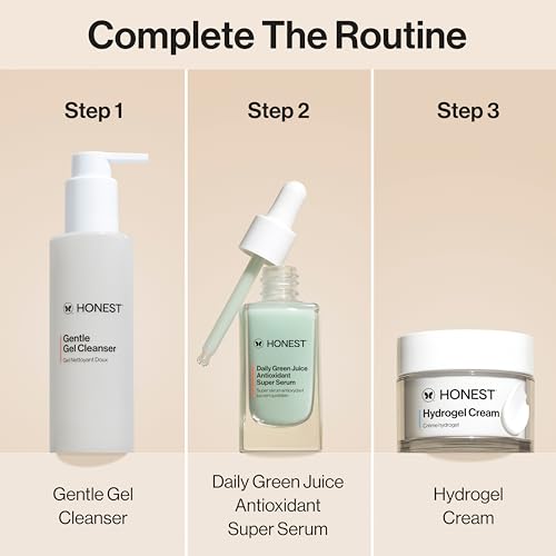 Honest Beauty Everyday Moisturizing Trio | Gentle Gel Cleanser, Green Juice Antioxidant Serum, Hydrogel Cream | 3-Step Routine | Vegan + Gentle for Sensitive Skin