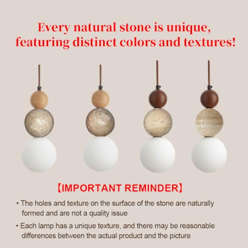 Natural Stone & Frosted Glass Spherical Pendant Light - Walnut Color, Indoor Hanging Lamp for Kitchen & Dining