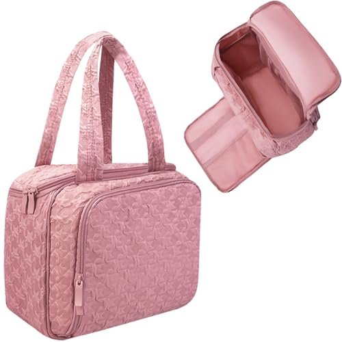 SUNRISING Travel Toiletry Bag, Lightweight Large Wide-open Travel Bag for Women, Puffy Cosmetic Makeup Bag Organizer with Handle for Accessories Essentials Toiletries - Pink