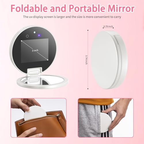 DESCHEN Rechargeable Travel Compact Smart UV Camera UV Mirror for Sunscreen Test, 2X Makeup Mirror with Lights and Magnification, 3.7 Inch Portable Purse Pocket LED, Skin Sun Protection