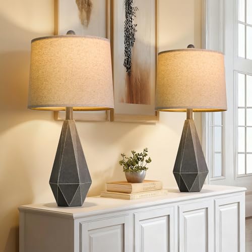 PoKat 23.5'' Farmhouse Set of 2 Nightstand Lamps - Rustic Linen Shade Deep Grey