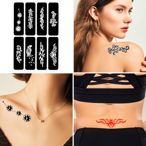 Temporary Tattoo Henna Kit Safe & Easy Fake 12 Bottles 11 Colors Ink 18 Big Pcs Stencils for Adults/Kids-fake tattoos (Black¡¿2, Red, Green, Purple, Orange, Navy Blue, Brown, Pink, Grey, Yellow)