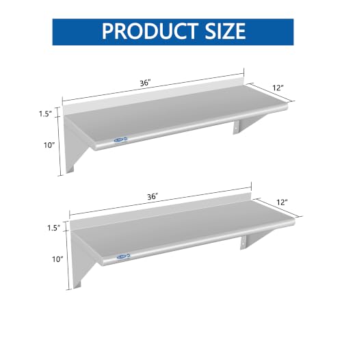 12 x 36 Inch Stainless Steel Wall Shelf 2 Pack - Heavy Duty 180LB Capacity