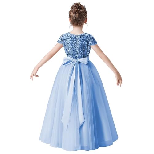 Baby Blue Flower Girl Dress with Sequins Tulle Puffy Skirt - Floor Length Wedding & Party Gown