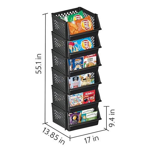 Black Stackable Storage Bins Open Front 6 Pack for Pantry Closet Organization - Skywin