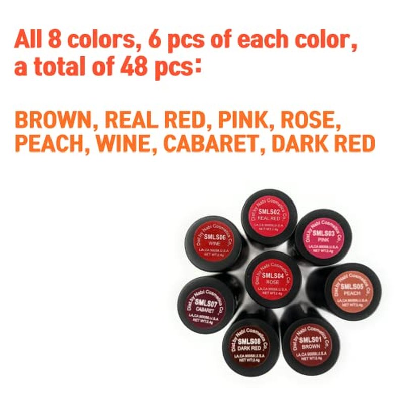 48 pcs 8 Colors Nabi Semi Matte Lipstick, Smooth Application and Won¡¯t Dry Out Lips, Included Display Box (Wholesale Lot)