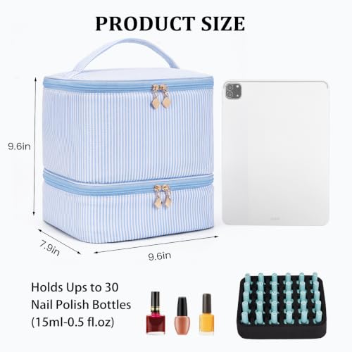 Cohawk Blue Stripes Nail Polish Organizer Bag Holds 30 Bottles, 2 Layers Travel Case