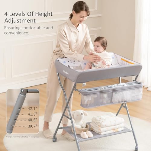 Maydolly Baby Changing Table with Wheels - Light Grey Portable Adjustable Diaper Station & Storage Rack