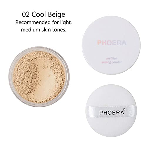 PHOERA Translucent Makeup Setting Matte Face Powder + Puff, Long Lasting Lightweight Foundation Make Up Fixer Beauty Blender Highlighter Palette - Ideal for Flash Photography - 02 COOL BEIGE