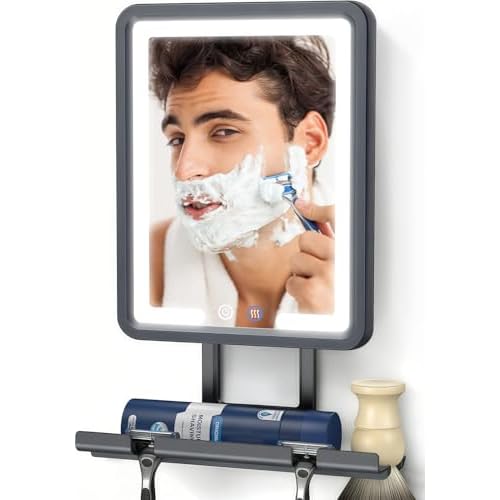 LED Shower Mirror Fogless for Shaving - Heated Fog Free, 3 Dimmable Lights, 360¡Æ Adjustable, Rechargeable, Drill Free - with Storage Tray, Razor & Shaving Brush Holders,Gifts for Men