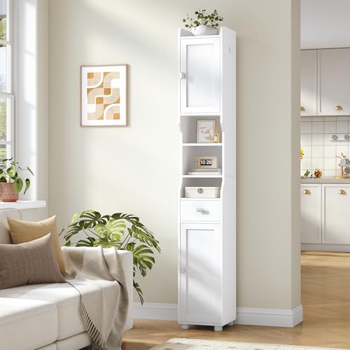 Tall Bathroom Storage Cabinet - White, 11 x 11 x 70.9 Inches, Narrow Floor Cabinet with Doors & Drawer