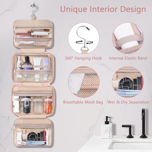 Large Waterproof Travel Toiletry Bag with Jewelry Organizer - Pink