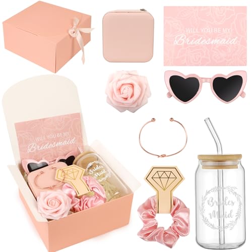 9 Pcs Bridesmaid Proposal Gifts - Will You Be My Bridesmaid Kit with Elegant Box Jewelry Box Glass Cup Invited Cards Knotted Bracelets Sunglasses Scrunchies Raffia Grass (Pink)