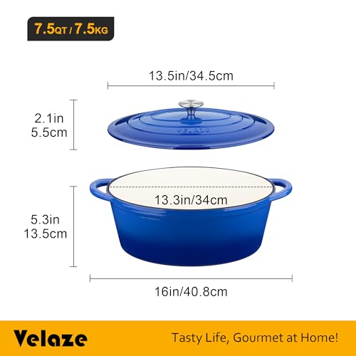 Velaze 7.5 Qt Blue Enamel Cast Iron Dutch Oven with Lid - Oval