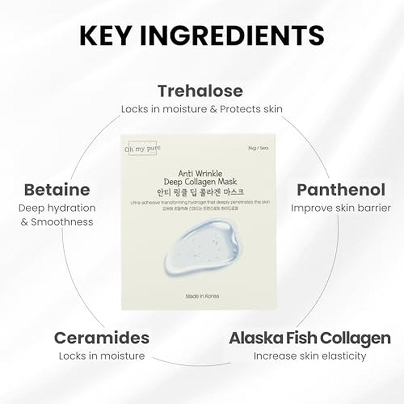 Collagen Hydrogel AntiWrinkle Deep Face Mask 4+1 EA Ultimate Hydration, Improves Skin Texture, Affordable Luxury, Glowing Skin, Reduces Fine Lines & Wrinkles, Made in Korea OHMYPURE (5, Deep Collagen)