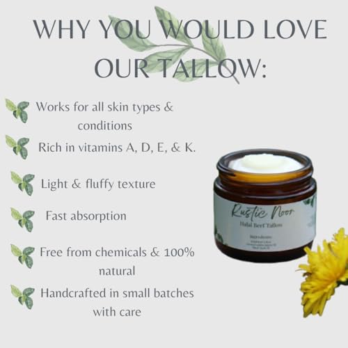 Rustic Noor - 100% Halal Beef Tallow Cream for Skin, Face, & Body. Whipped Moisturizer - 4oz Jar (Handmade in Upstate NY) (Jojoba, Black Seed Oil, & Rosehip)