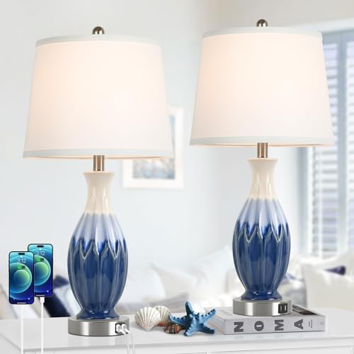 Bosceos 28” Table Lamps Set of 2 - Ceramic Navy Blue Bedside Lamps with USB Ports