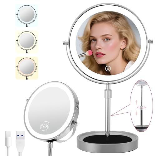 Rechargeable Adjustable-Height Makeup Mirror with 3 Color Lights,Touch Screen and Dimmable Settings,8'' Dual-Sided 1X/10X,360¡Æ Rotation Vanity Mirror with Jewelry Tray,Lighting Cosmetic Mirror