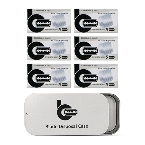 Platinum Coated Safety Razor Blades (USA Stainless Steel, fit All Standard Double Edge Safety Razors), 30 Count, with 1 Compact Razor Blade Disposal Container for Daily & Travel Use