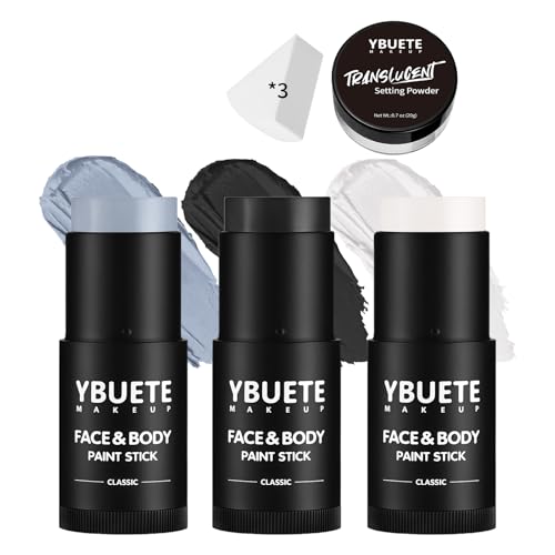 Face & Body Paint Stick Set for Halloween Cosplay SFX - Black White Grey, 4 Pack