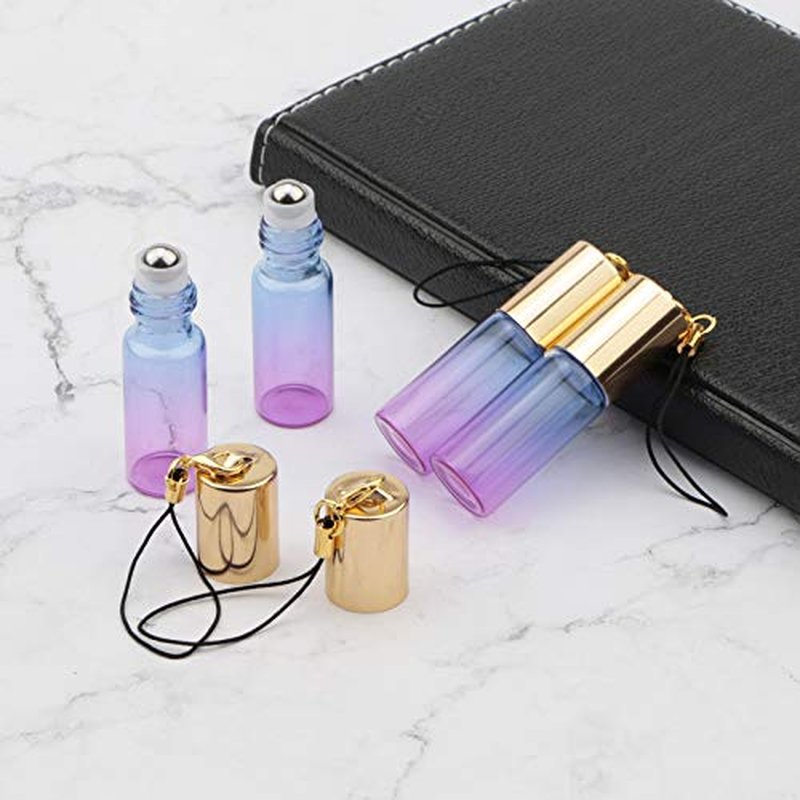 Kesell 15Pack Glass Roller Bottles for Essential Oil 5ml Gradient Color Refillable Roll On Containers Perfume Sample Vials with Stainless Steel Ball & Golden Caps