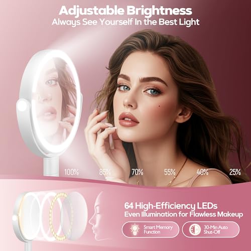 Makeup Mirror with Lights, 30X Magnifying & Height Adjustable, Lighted Magnifying Mirror with 3 Light Modes and Stepless Dimming, Vanity Mirrors for Bathroom, Birthday Gift for Women, White