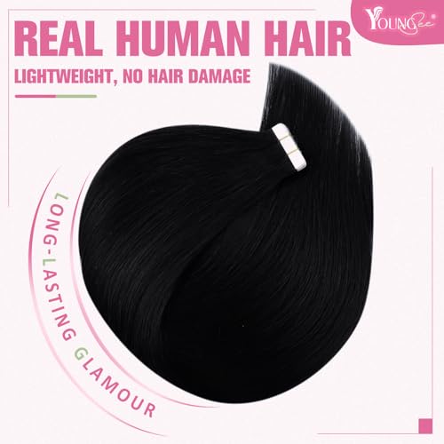 YoungSee 26 Inch Tape-In Human Hair Extensions Black Long Straight Pack of 1 - 20 Pieces