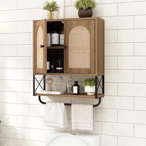 Rustown Rattan Bathroom Wall Cabinet - Natural Oak, Medium Size Over Toilet Storage