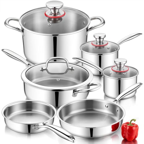 Stainless Steel Cookware Set of 10 - 6 Pots & Pans for All Stoves