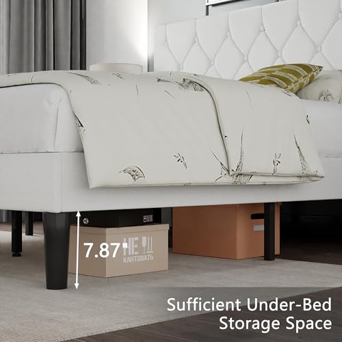 Queen Bed Frame with Upholstered Tufted Headboard - White, Adjustable & Noise-Free