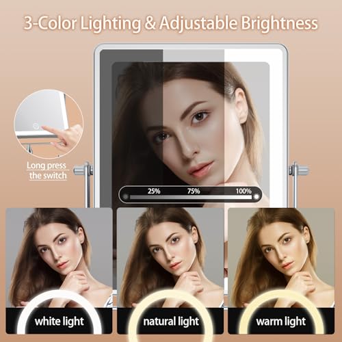 FASCINATE 5000mAh Rechargeable Wall Mounted Makeup Mirror, 8.7" Double Sided Touch Switch 1X 20X Rectangle Wall Mounted Magnifying Mirror with Light, 3 Color Setting, Extended Arm 360¡Æ Foldable Chrome