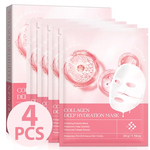 Collagen Face Mask Overnight, Collagen Real Deep Mask, Face Masks Beauty, Hydrating, Pore Minimizing, Brighten Skin Tone, Elastic Skin, 4PCS