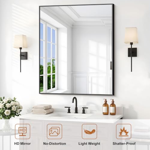 Black Bathroom Mirror 30x36 Inch Rectangle Wall Mirror with Metal Frame - Horizontal or Vertical Hanging