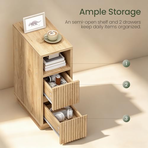 Natural CHOEZON 8.7-inch Narrow Fluted Nightstand with Drawers & Shelf - Small Modern Bedside Table