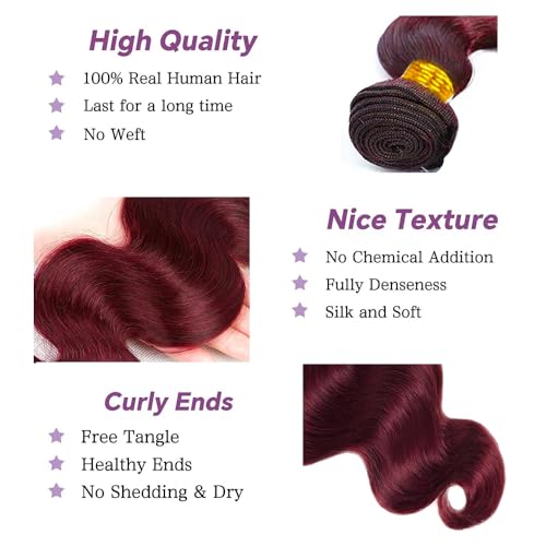 ZGWG 12A Body Wave Burgundy Human Hair Extensions 20 Inch, Natural Black & 99J Color, Full & Thick Weave