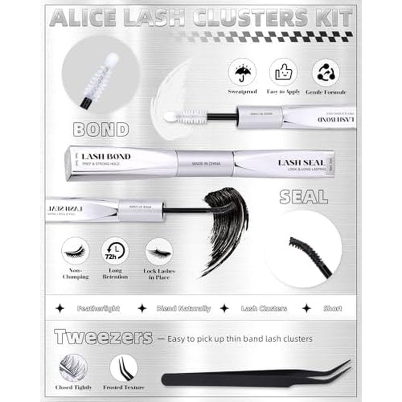 ALICE Short Lash Clusters Kit 8mm-10mm-12mm Natural Clear Band Cluster Eyelash Extension Kit Wispy Eyelash Clusters Kit with Bottom Lashes Bond and Seal DIY at Home