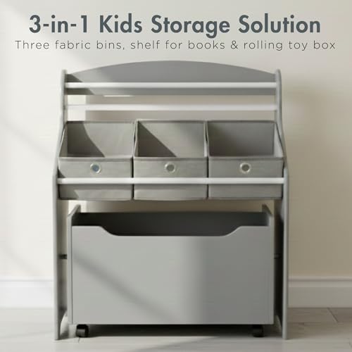 Humble Crew 3-in-1 Kids Bookshelf & Toy Organizer - Grey | Rolling Toy Storage for Toddlers