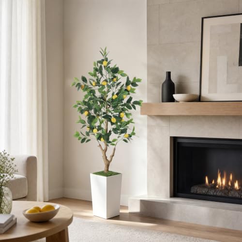 5FT Artificial Lemon Tree with White Tall Planter - Realistic Faux Plant